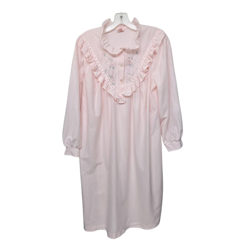 Vintage 1970s LovLee Pink Fleece Nightgown Size M Ruffles Floral Embroidered